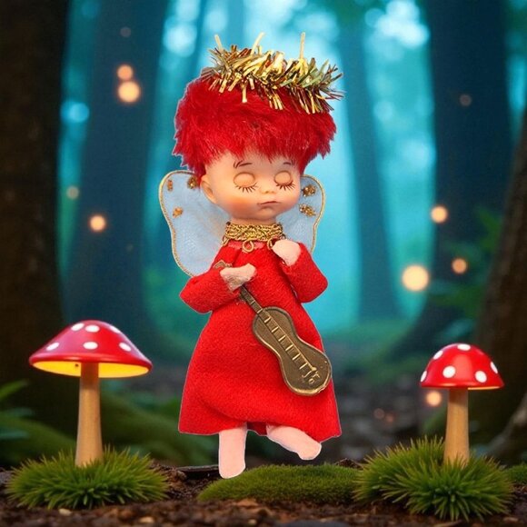 Vintage 1950s Napco Red Hair Pixie Angel Ornament Felt Elf Japan Tinsel Guitar - Picture 1 of 9